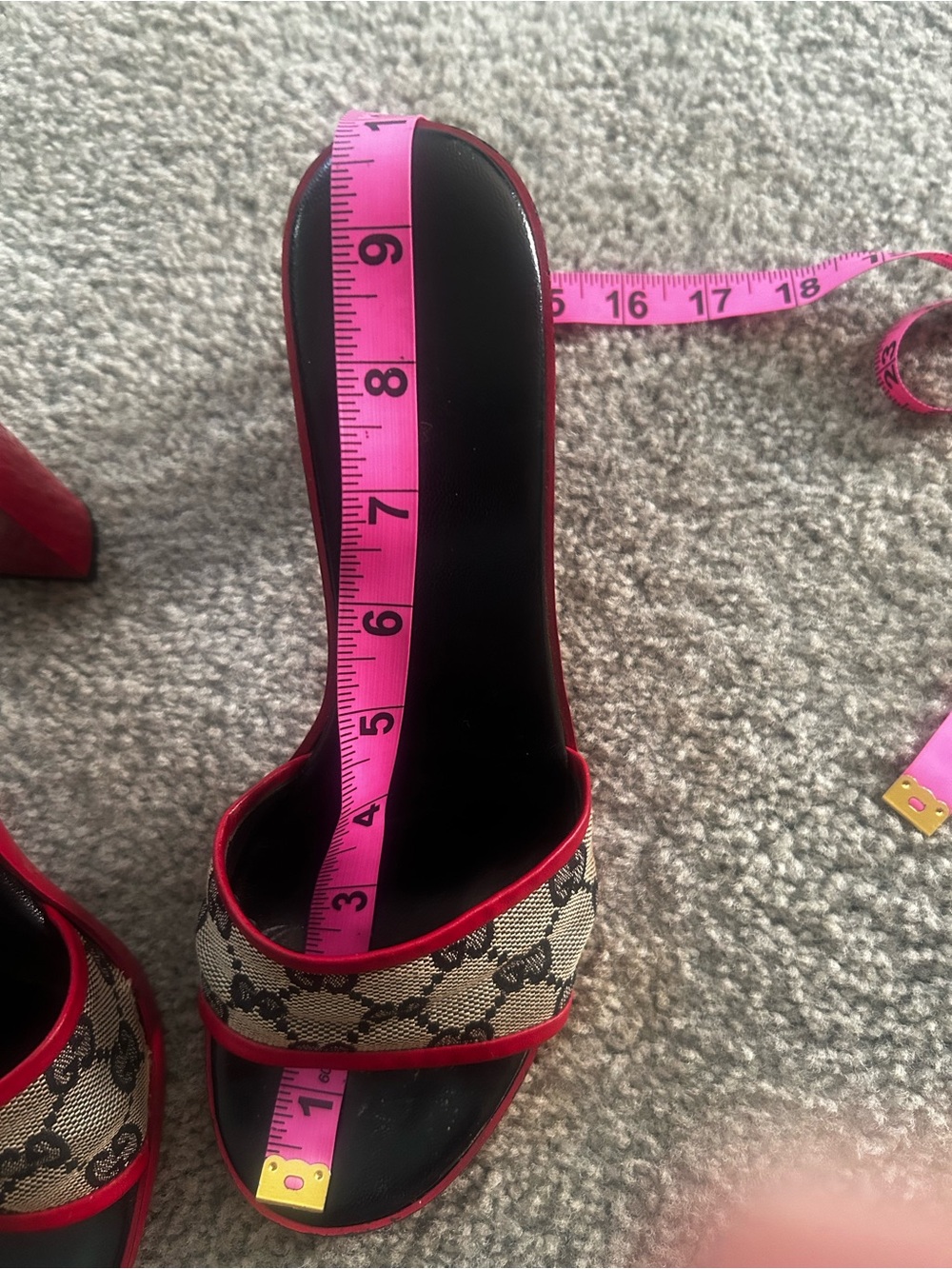 Authentic Gucci Beige Monogram Slide Heels with Red Trim - Picture 13 of 17